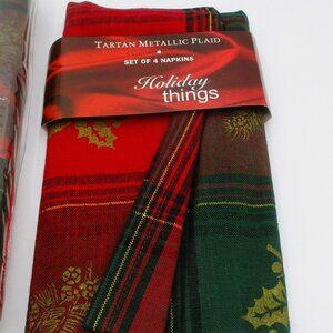 Tartan Metallic Plaid Holiday Napkins Set Of 6 Red & Green Gold Accents 18" New
